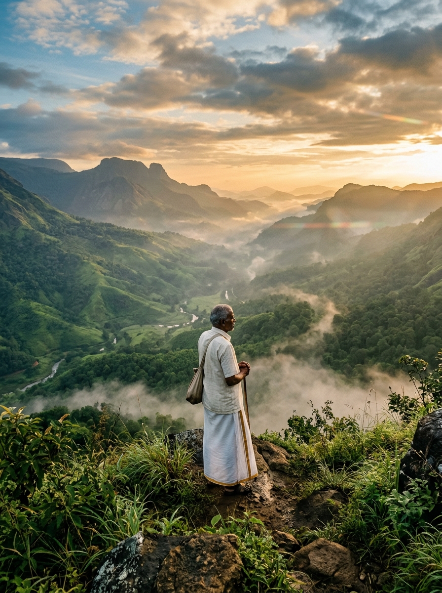 A solitary figure standing above mist-covered valleys in the Western Ghats at golden sunrise