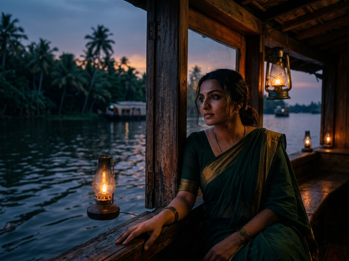 A protagonist in traditional saree looking out from a wooden houseboat window on serene backwaters